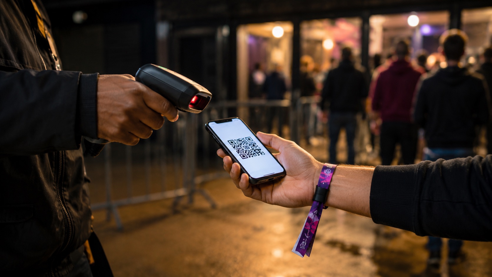 A door steward scanning the QR code on an attendee's phone at a venue entrance